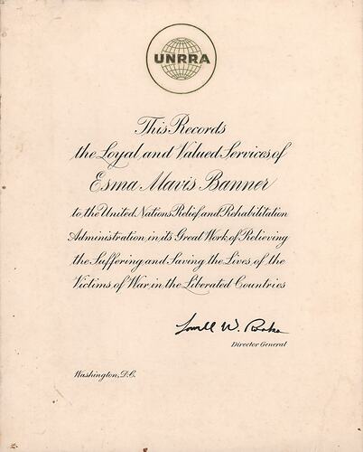 Certificate - Issued to Esma Banner, United Nations Relief and Rehabilitation Administration (UNRRA), Washington DC, United States of America, Jun 1947