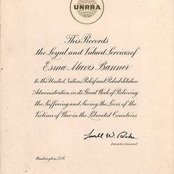Certificate - Issued to Esma Banner, United Nations Relief & Rehabilitation Administration (UNRRA), Washington DC, United States of America, Jun 1947