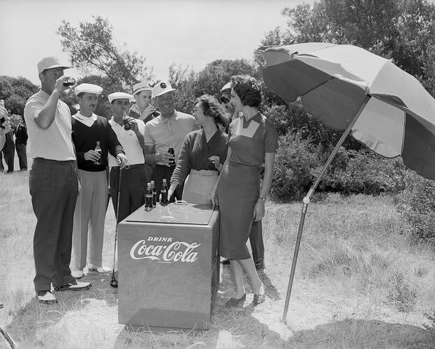 Coca Cola, Group with Drink Fridge, Black Rock, Victoria, 19 Nov 1959