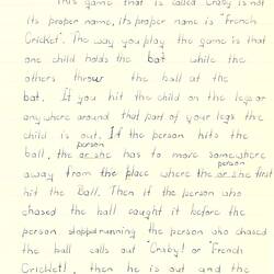 Document - Unknown Author, to Dorothy Howard, Description of Ball Game 'Crabby' or 'French Cricket', circa Mar 1955