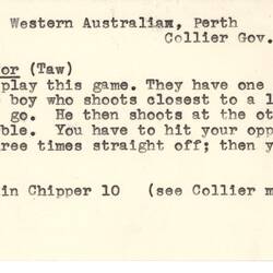 Document - Colin Chipper, to Dorothy Howard, Description of Marbles Game 'Tractor Tor', 1955