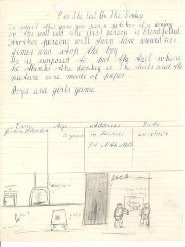 Handwritten game descriptions in blue ink on paper