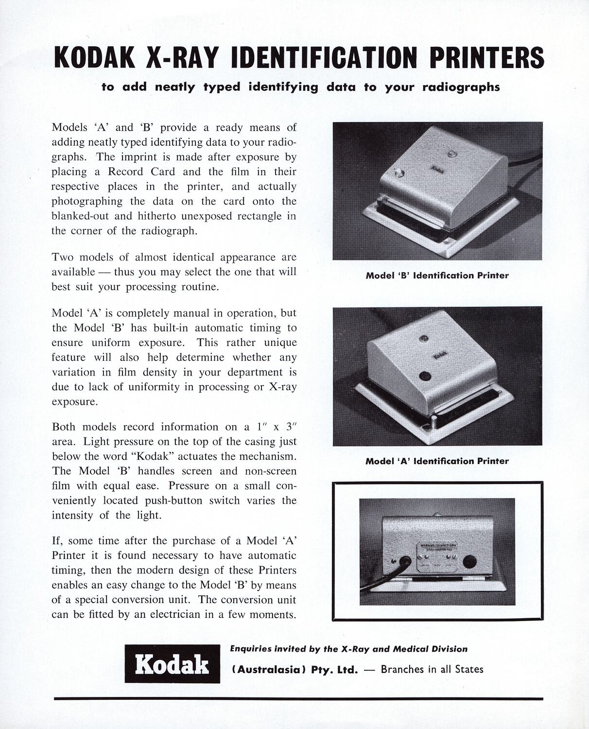Publicity Flyer Kodak (Australasia) Pty Ltd, 'Kodak XRay Identification Printer', circa 1967