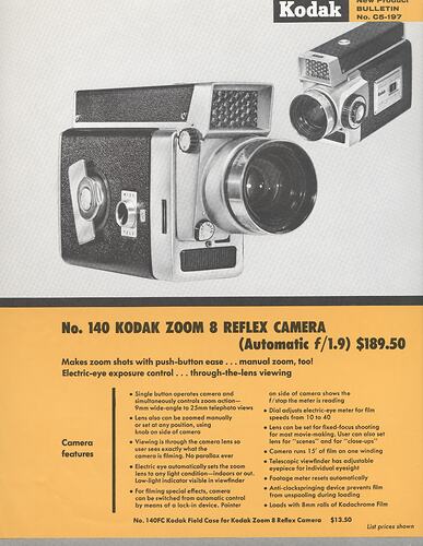 Printed text and two photographs of cameras.