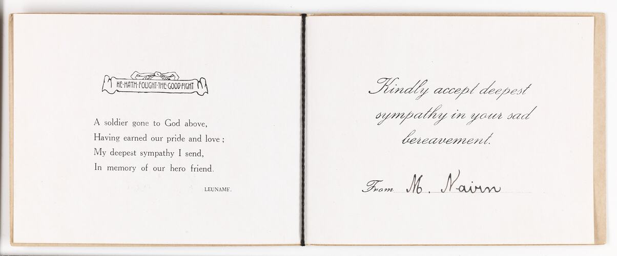 Card -  'With Sincere Sympathy', From M. Nairn, World War I, 1916-1918