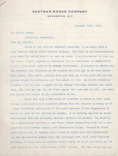 Letter - George Eastman to Thomas Baker, 18 Dec 1913