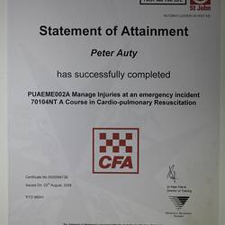 Certificate - St John, 'Manage Injuries at an Emergency Incident', Peter Auty, Flowerdale, 03 Aug 2008