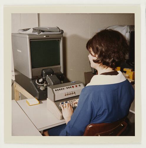 Slide 310, 'Extra Prints of Coburg Lecture', Worker At Microfilm Machine, Building 20, Kodak Factory, Coburg, circa 1960s