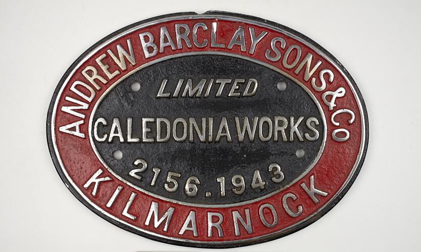 Locomotive Builders Plate - Andrew Barclay Sons & Co. Ltd, Caledonia Works, Kilmarnock, Scotland, 1943