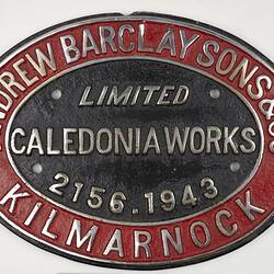 Locomotive Builders Plate - Andrew Barclay Sons & Co. Ltd, Caledonia Works, Kilmarnock, Scotland, 1943