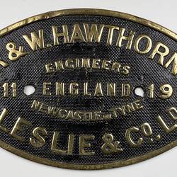 Locomotive Builders Plate - R & W Hawthorn Leslie & Co., Newcastle-upon-Tyne, England, 1901