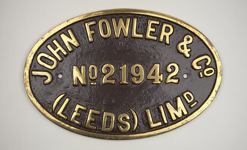 Locomotive Builders Plate - John Fowler & Co., (Leeds) Ltd., Leeds, England, 1937