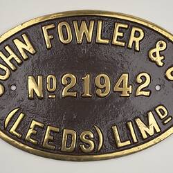 Locomotive Builders Plate - John Fowler & Co., (Leeds) Ltd., Leeds, England, 1937