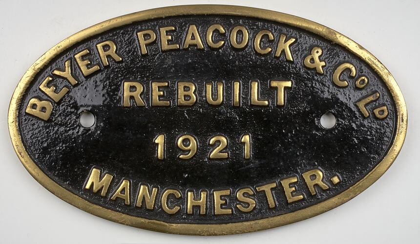 Locomotive Builders Plate - Beyer Peacock & Co. Ltd., Manchester, England, 1921