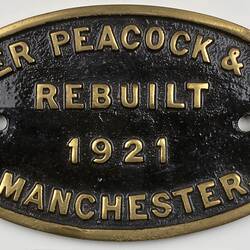 Locomotive Builders Plate - Beyer Peacock & Co. Ltd., Manchester, England, 1921