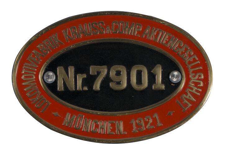 Locomotive Builders Plate - Lokomotivfabrik Krauss & Co. Aktiengesellshaft, 1921