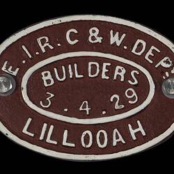 Rollingstock Builders Plate - East Indian Carriage & Wagon Dept., 1929