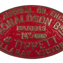 Engine Plate - Ronaldson & Tippett, Austral Oil Engine, Ballarat, Victoria, 1916