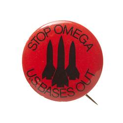 Badge - Stop Omega U.S. Bases Out (red), circa 1965-1985