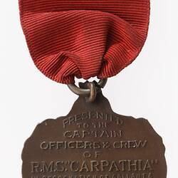 Medal - RMS Carpathia, SS Titanic, New York, United States of America, 1912 - Reverse