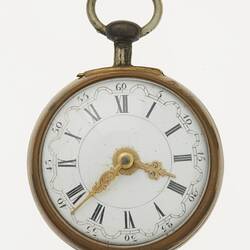 Pocket watch, white dial with Roman and Arabic numerals separated by scalloped circle. Ornate gilt hands.