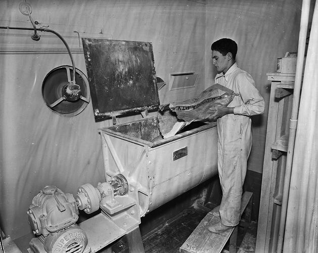 Workman Using an Industrial Electric Food Mixer, Melbourne, Victoria, Sep 1958