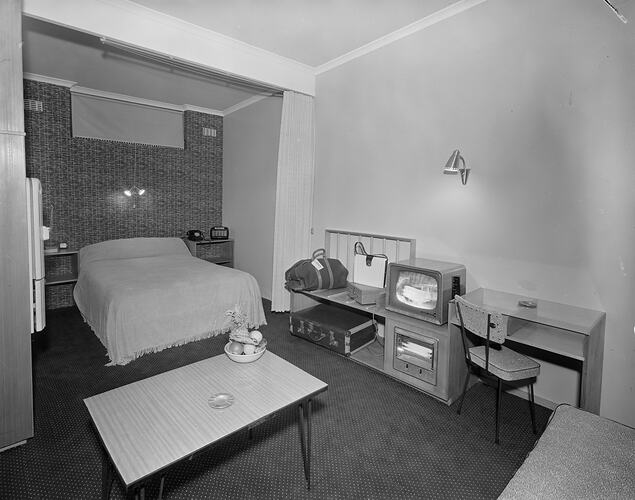 Bed and Television in Motel Suite, Parkville, Victoria, Oct 1958