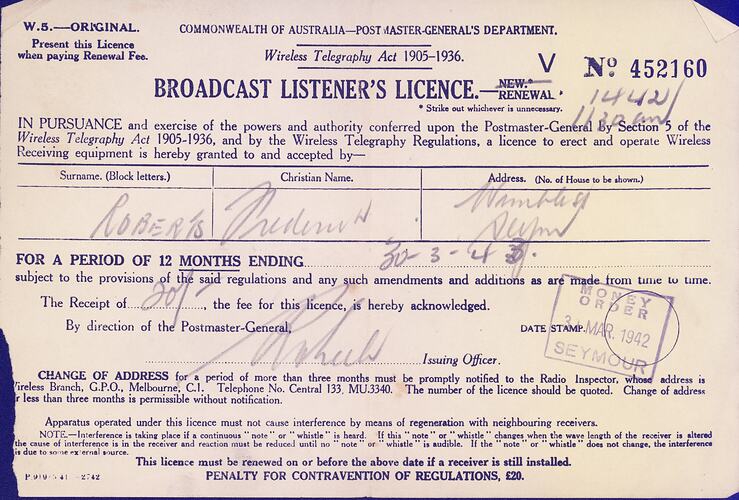 Broadcast Listener's Licence - Commonwealth of Australia, Postmaster General's Department, 31 Mar 1942