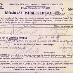 Broadcast Listener's Licence - Frederick & Amelia Roberts, Commonwealth of Australia, Postmaster General's Department, 31 Mar 1942