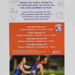 Flyer with white and purple text on orange. Female footballers below.