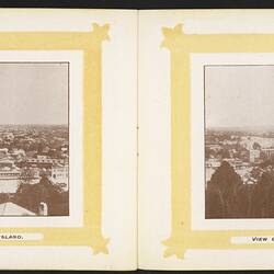 Open booklet, off-white pages. Yellow framed city skyline view on left page and city skyline view on right pag