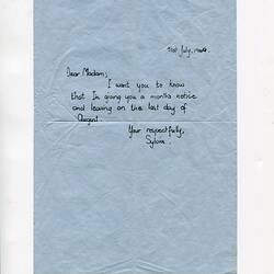 Letter - Sylvia Boyes To Employer, Cape Town, 31 Jul 1969