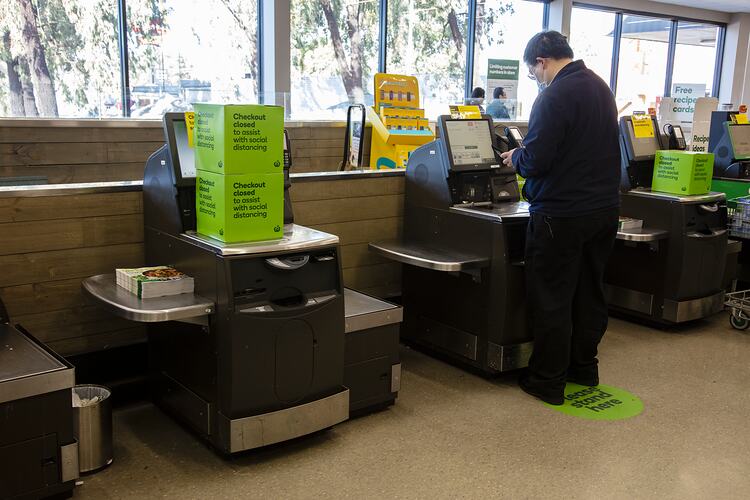 Man Using Self-Checkout Area, Woolworths, Blackburn South, 18 May 2020