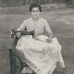 Photograph - Aphroditi Selingouna Pandazi at Sewing Machine, Kalohori, Larissa, Greece, 1952