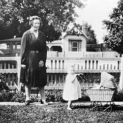 Negative - Woman & Child with Pram in Front Garden, Ballarat, Victoria, 1934