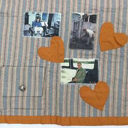 Detail of striped quilt. 3 sewn on hearts, 3 fabric photos and pocket with silver button.