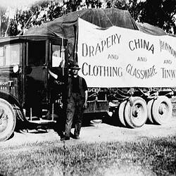 Negative - Thornycroft Truck Loaded with Drapery, Ironmongery & Homewares, Wangaratta District, Victoria, circa 1930s