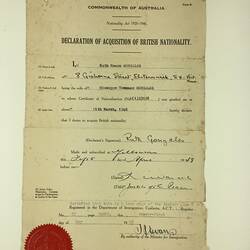 Certificate - Declaration of Acquisition of British Nationality, Ruth Gonzales, Yellourn, 5 Apr 1948