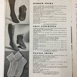 Black and white printed page with text and photograph of socks.