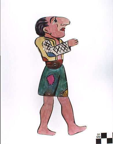 Profile of man dressed in colourful clothes.