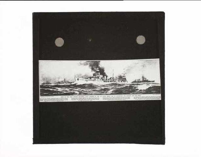 Illustration of ships of war at sea.