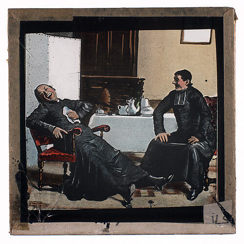 Lantern Slide - Universal Opportunity League, Two Men Sitting at a Table