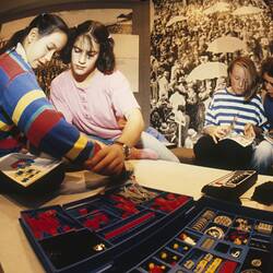 Digital Photograph - Madelaine Aikenhead, Lisa Williams, Odetta Moore & Caitlin O'Connell Working with Lego Controller, Sunrise School, Melbourne Museum, Russell Street, 1989