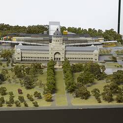 Model of Melbourne Museum, Royal Exhibition Building and Carlton Gardens. View from south.
