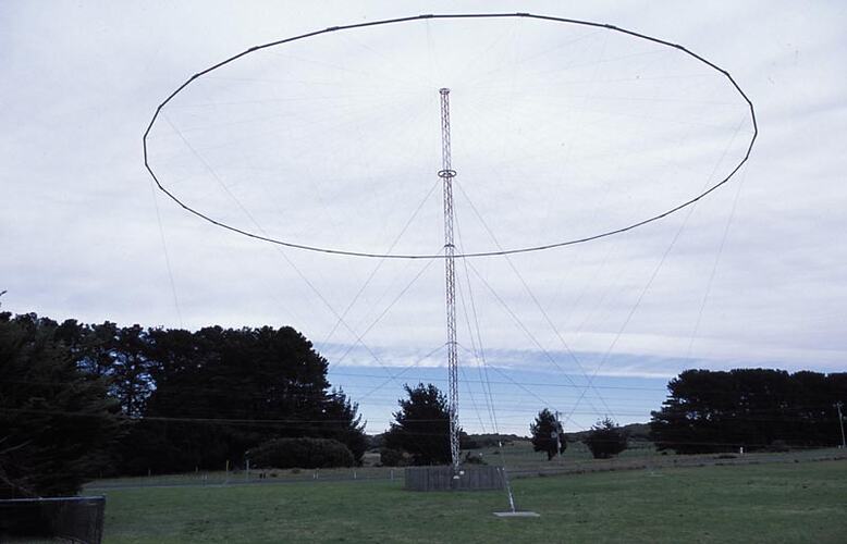 MM 028525 Bi-conical monopole broadband HF antenna. Melbourne Coastal Radio Station, Cape Schanck, Victoria