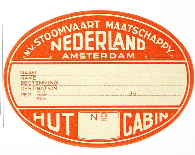 Baggage Label - NV Stoomvart Maatschappy Nederland Amsterdam "Hut Cabin No" (red)