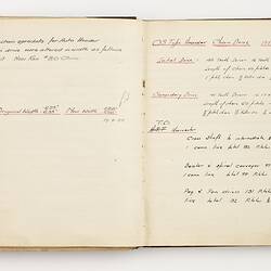 Open book with off white ruled pages. Handwritten text.