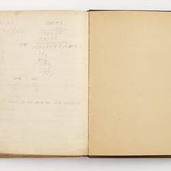 Open book with off white ruled pages. Handwritten text on left page.