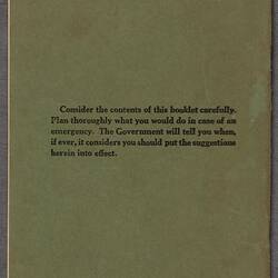Back green cover of pamphlet. Black printed text.