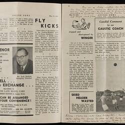 Open magazine with white pages and black printed text and images.